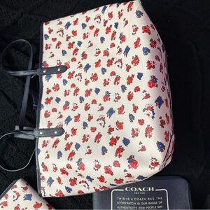 Coach Floral Tote Bag with Matching Wallet- Cream with Red and Blue